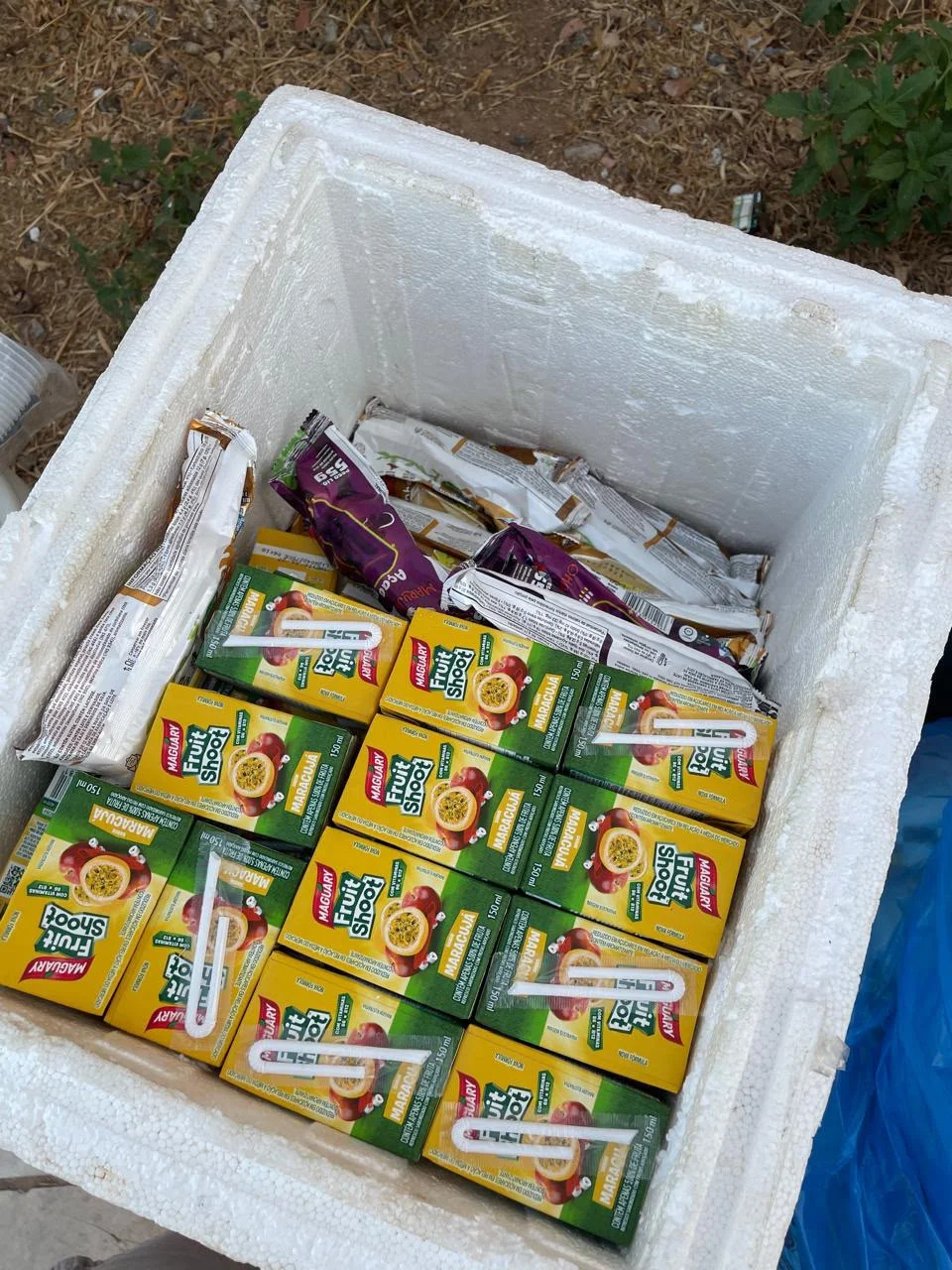 Bebidas e itens de lanche organizados em uma caixa térmica